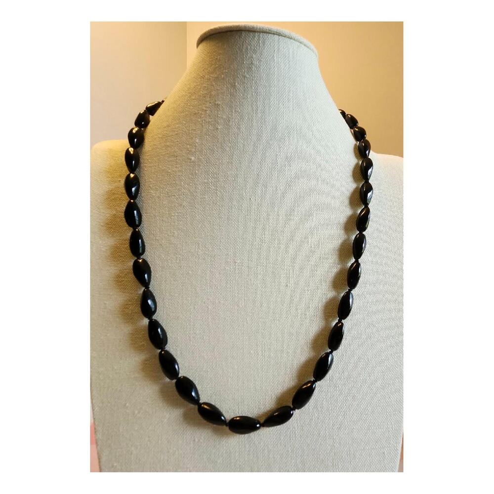 Vintage Black Stone Necklace 1960s, 26" Long